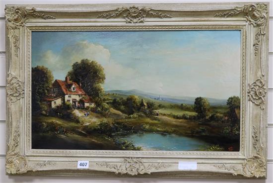 Rima, oil on board, cottage beside a lake, signed, 33 x 59cm